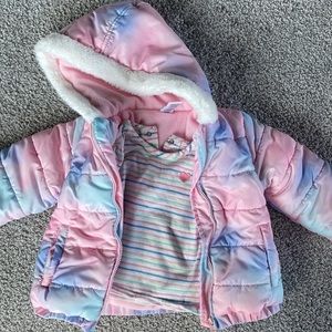 Little Me tie dye pink purple puffy girls jacket w/ white faux fur 18 months
